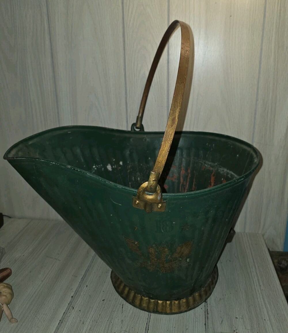 Antique Galvanized Rustic Coal Ash Bucket Fireplace Scuttle Primitive Farmhouse